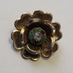 Vintage 50s Coro Signed Goldtone Flower Brooch Pin Green Rhinestone Flower READ